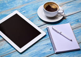 Coffee cup hot and smartphone notebook pen