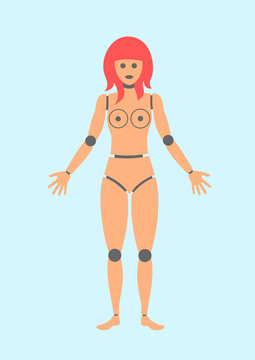 Robot sex doll - attractive humanoid with female and woman body shape. Figure of beautiful robotic model. Vector illustration