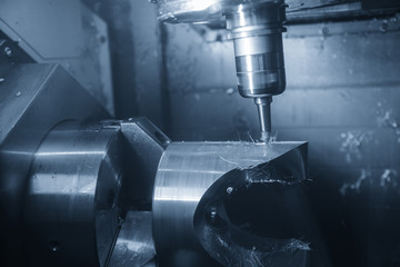 The abstract scene of  5-axis CNC Machining center cutting the turbine  part.The Aerospace part manufacturing.