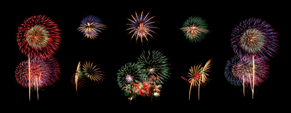 Beautiful Fireworks collage isolated on black background, Fireworks collection on dark sky background, set of beautiful firework individually for graphic use