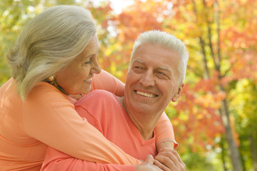 senior couple hugging   in the park 
