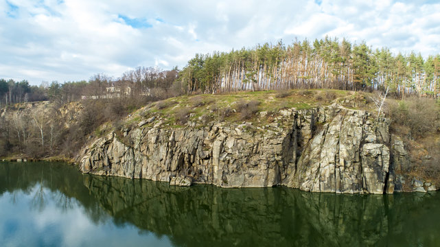Aerial view of the rocks. Beautiful view of the river landscape.