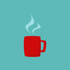 Red coffee mug with steam in flat design style. Vector illustration