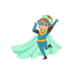 Comic brave kid standing on one leg and waving her hand. Dressed in superhero costume. Vector cartoon flat super girl character.