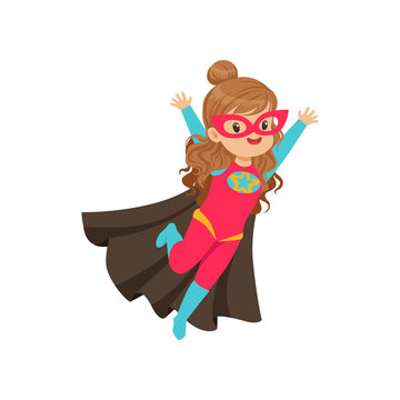 Comic happy flying kid in colorful superhero costume with star. Vector cartoon flat super girl character in Halloween costume