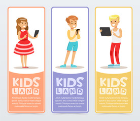 Set of vertical banners with teenagers using modern gadgets and reading e-books. Learning and studying. Education concept. Flat vector characters.
