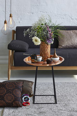 dark living room style with sofa and middle table concrete wall decoration