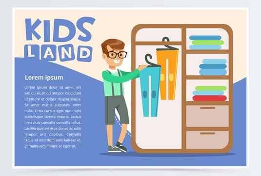 Card with boy hangs clothes in the closet. Kid doing a home cleanup, household chores. Teenager cleaning his room. Flat style cartoon vector illustration.