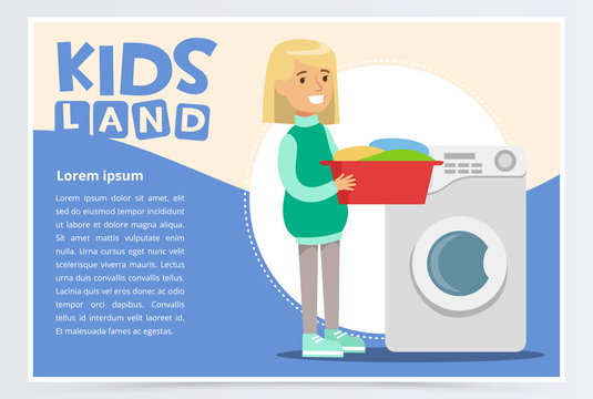 Blue card or poster with young girl standing with a basin with dirty laundry in hands near washing machine. Flat vector character doing household chores.
