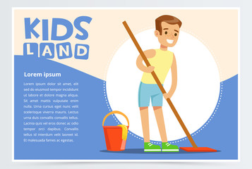 Fototapeta premium Young smiling boy cleaning the floor with mop. Kid doing home cleanup, household chores. Creative blue card with place for text. Vector character.