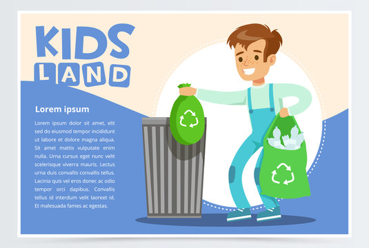 Blue card with boy throwing away bin bags filled with plastic bottles. Kid doing household chores. Colorful flat style cartoon vector illustration.