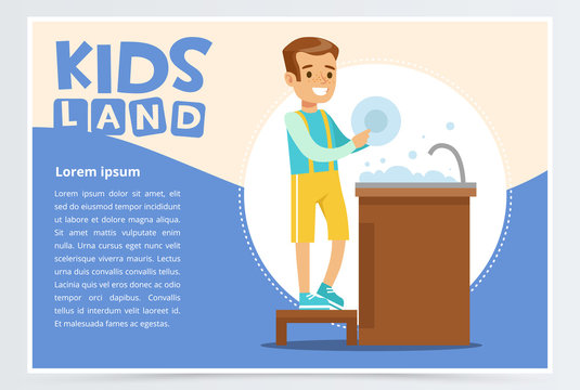 Creative blue card with place for text and cute boy character washing the dishes in tap. Kid doing a home cleanup. Colorful flat style vector illustration.