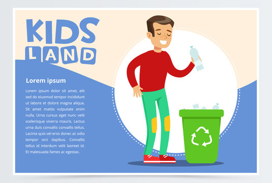 Teenager boy throwing away plastic bottle in waste container with recycling symbol. Creative blue card. Colorful flat cartoon vector illustration.