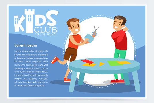 Creative blue poster for kids club with happy boys characters making applique. Hand made and paper crafts class. Colorful flat cartoon vector illustration