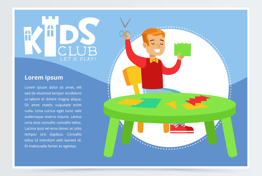 Blue poster for kids club with cheerful boy character making applique. Paper crafts class. Extra-curricular activities. Colorful flat cartoon vector.