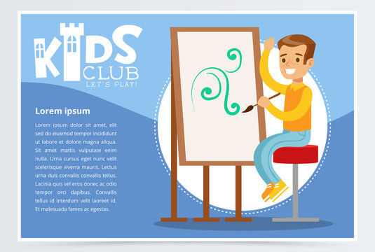Kids club poster with boy character sitting on a stool and painting ornament on canvas. Studying at art class. Colorful flat cartoon vector.