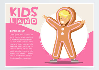 Happy boy dressed as gingerbread, cute kid in Christmas costume for masquerade, kids land banner flat vector element for website or mobile app