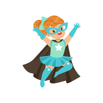 Comic brave kid in superhero blue costume with mask and developing in the wind black cape, flying with hands up.