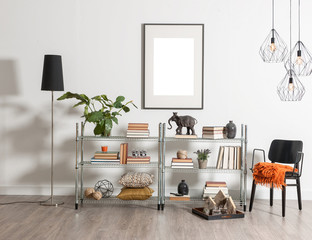modern bookcase and accessories and frame wall concept room decoration, modern lamp