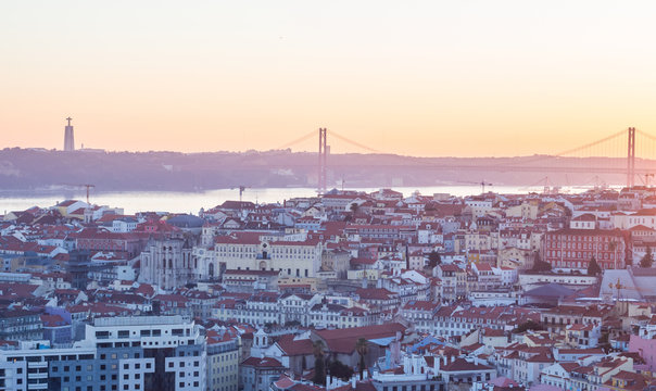 Cityscape of Lisbon, Portugal, at sunset