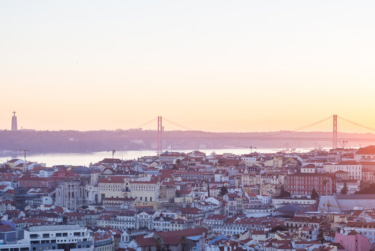 Cityscape of Lisbon, Portugal, at sunset