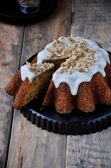 Carrot cake with walnuts, in sugar glaze