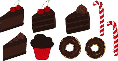 Chocolate set. Cake with chocolate cream , with cherries , muffin , donuts . Candy cane . For the design of advertising and printed products , for confectionery and bakery. Vector EPS 10