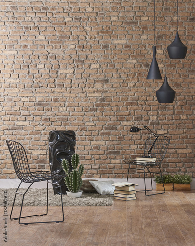 Brick Wallpaper With Wicker Chair And Vase Of Flowers