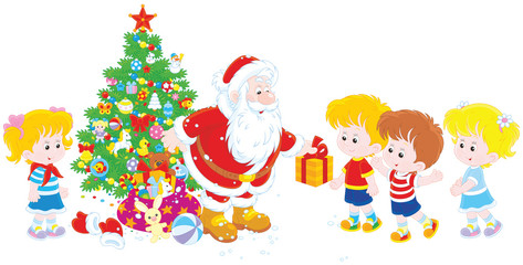 Fototapeta na wymiar Santa Claus giving Christmas presents to little children