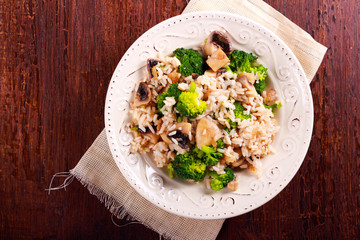 Rice, mushroom and broccoli casserole on plate