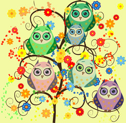 Bright cute cartoon owls sit on the flowering branches of fantastic trees