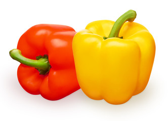 Yellow bell pepper next to red lying on its side