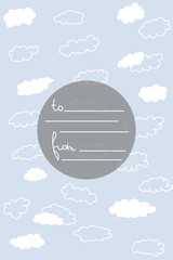 sky with cloud. postcard with plays for signature to and from. blue and white, gray.