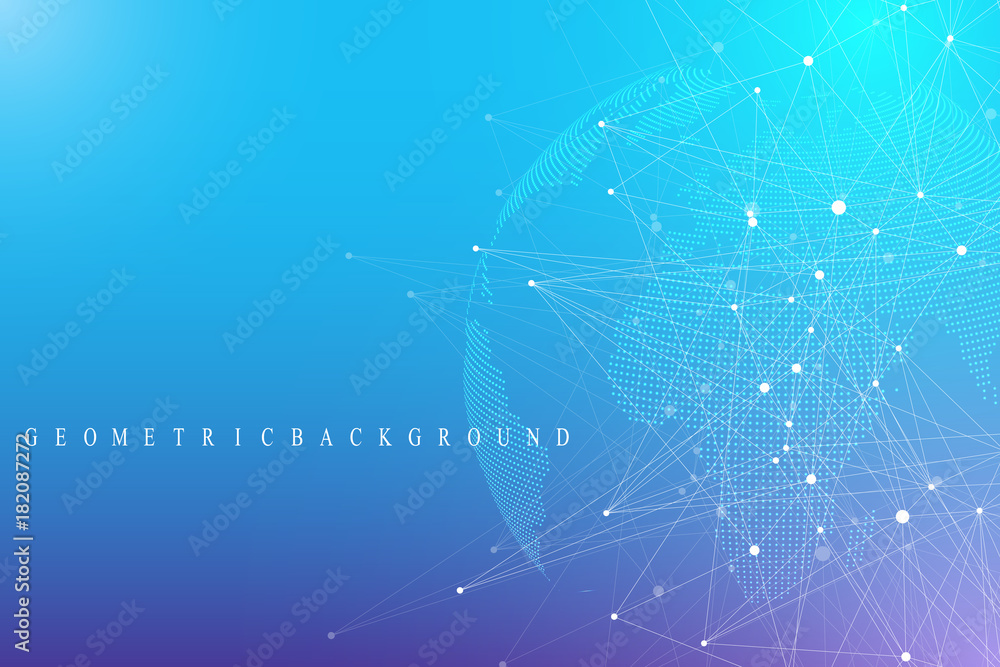 Poster Big data complex world globe. Graphic abstract background communication. Perspective backdrop of depth. Virtual minimal array with compounds. Digital data visualization. Vector illustration Big data.
