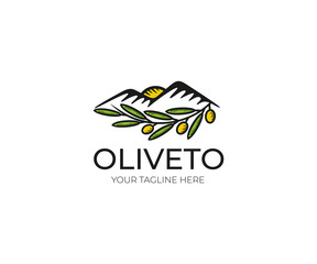 Olive Logo Template. Olive Grove Vector Design. Nature, Leaf, Mountains Illustration 