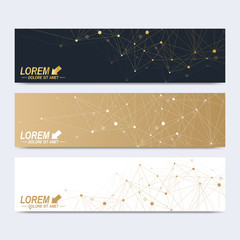 Modern set of vector banners. Geometric abstract presentation. Molecule DNA and communication background for medicine, science, chemistry. Golden cybernetic dots. Lines plexus. Card surface.