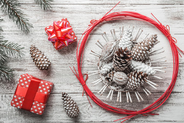White background. Rustic. Brad and decorative cones. Modern style. Christmas card, Christmas and...