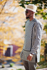 Portrait of stylish black african american man at hat and sunglasses against sunny autumn fall background.