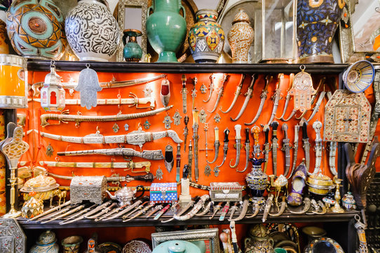 Handmade metal swords, knives and daggers for sale in the Souks, Marrakech, Morocco