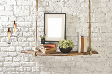 Obraz na płótnie Canvas brick wall drift wood shelves and frame concept decor different style