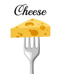 Triangular piece of cheese on a steel fork, object on the white background. Vector illustration