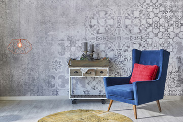 Grey wall decoration retro wallpaper with home objects living room style