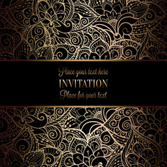 Vintage baroque Wedding Invitation template with damask background. Tradition decoration for wedding. Vector illustration in black and gold