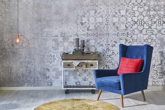 Grey Wall Decoration Retro Wallpaper With Home Objects Living Room Style