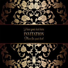 Vintage baroque Wedding Invitation template with damask background. Tradition decoration for wedding. Vector illustration in black and gold