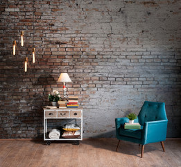 retro brick wall concept with home objects living room style