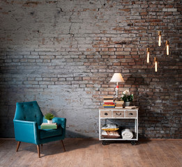 old brick wall background with sofa and desk, home ornaments like book lamp pillow and blanket...