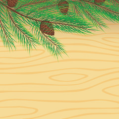 Fototapeta na wymiar Spruce branches with cones on wooden background. Christmas illustration.