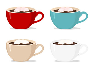 4 vector cups of coffee with marshmallow in it