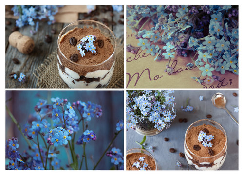 A collage of photos of Tiramisu in the glass, blue flowers forget-me-nots. A bouquet of forget-me-nots on paper. Wooden background.